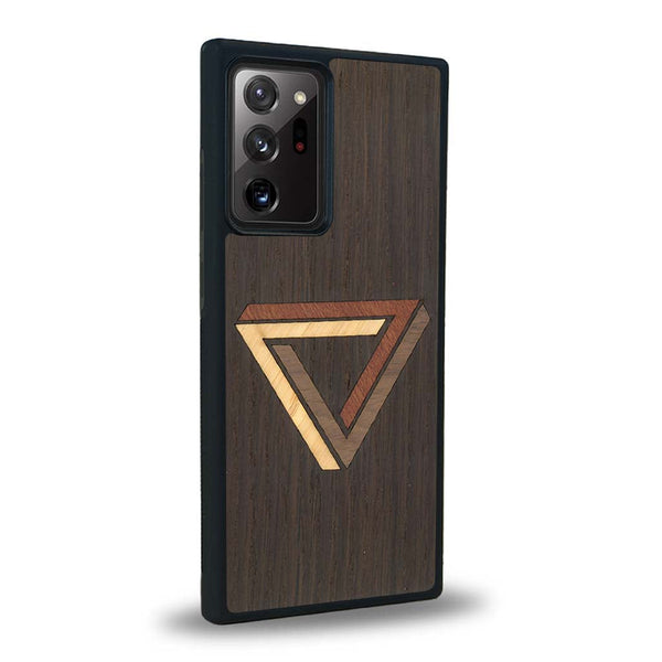 Coque de protection en bois véritable fabriquée en France pour Samsung Note 20+ sur le thème de l'art géométrique qui allie du chêne fumé, du noyer, du bambou et du padouk représentant le triangle de penrose