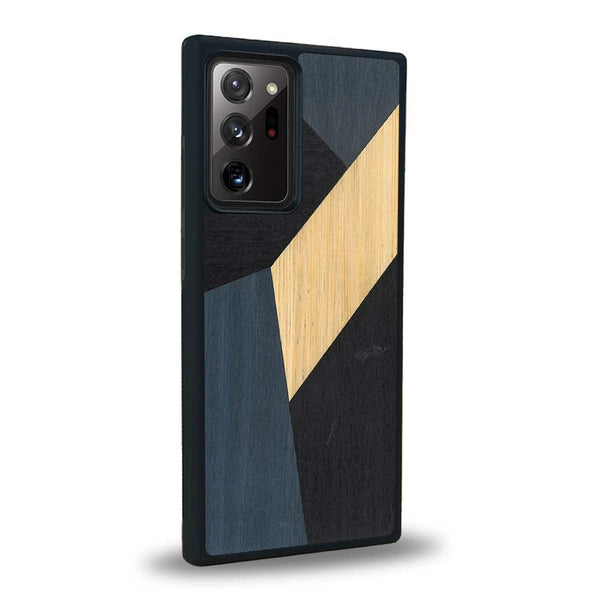 Coque de protection en bois véritable fabriquée en France pour Samsung Note 20+ alliant du bambou, du tulipier bleu et noir en forme de mosaïque minimaliste sur le thème de l'art abstrait