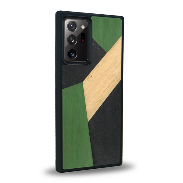 Coque de protection en bois véritable fabriquée en France pour Samsung Note 20+ alliant du bambou, du tulipier vert et noir en forme de mosaïque minimaliste sur le thème de l'art abstrait