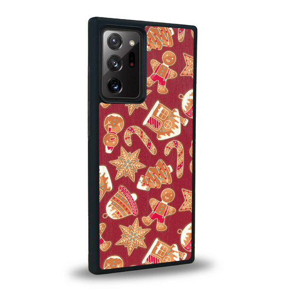 Coque de protection en bois véritable fabriquée en France pour Samsung Note 20+ sur le thème de noël et de l'hiver avec un motif représentant un bonhomme de pain d'épice
