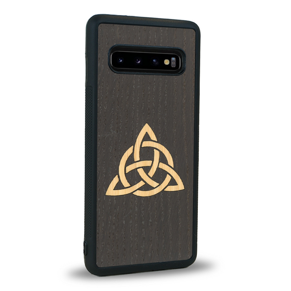 Coque de protection en bois véritable fabriquée en France pour Samsung Note 8 alliant du chêne fumé et du bambou représentant une triquetra