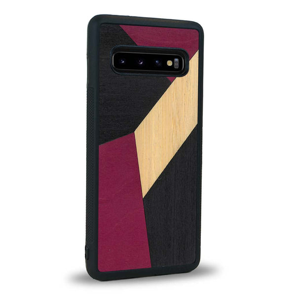 Coque de protection en bois véritable fabriquée en France pour Samsung Note 8 alliant du bambou, du tulipier rose et noir en forme de mosaïque minimaliste sur le thème de l'art abstrait