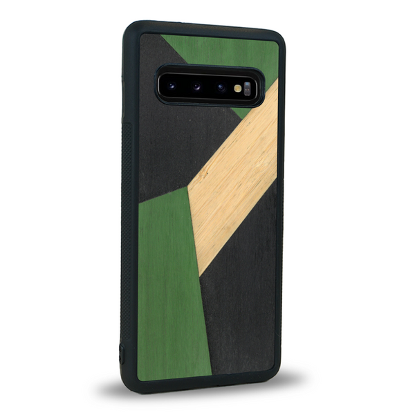 Coque de protection en bois véritable fabriquée en France pour Samsung Note 8 alliant du bambou, du tulipier vert et noir en forme de mosaïque minimaliste sur le thème de l'art abstrait