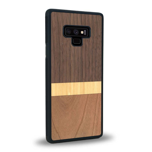 Coque de protection en bois véritable fabriquée en France pour Samsung Note 9 alliant des bandes horizontales de bambou, merisier et noyer