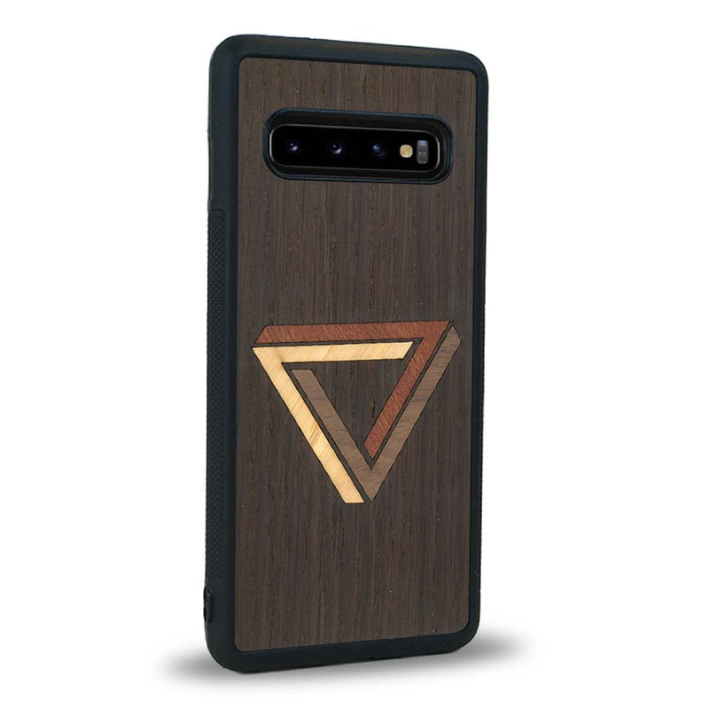 Coque de protection en bois véritable fabriquée en France pour Samsung S10 sur le thème de l'art géométrique qui allie du chêne fumé, du noyer, du bambou et du padouk représentant le triangle de penrose