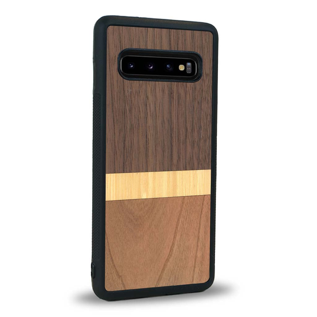 Coque de protection en bois véritable fabriquée en France pour Samsung S10 alliant des bandes horizontales de bambou, merisier et noyer