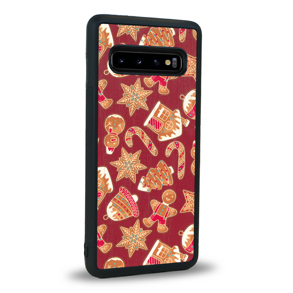Coque de protection en bois véritable fabriquée en France pour Samsung S10 sur le thème de noël et de l'hiver avec un motif représentant un bonhomme de pain d'épice