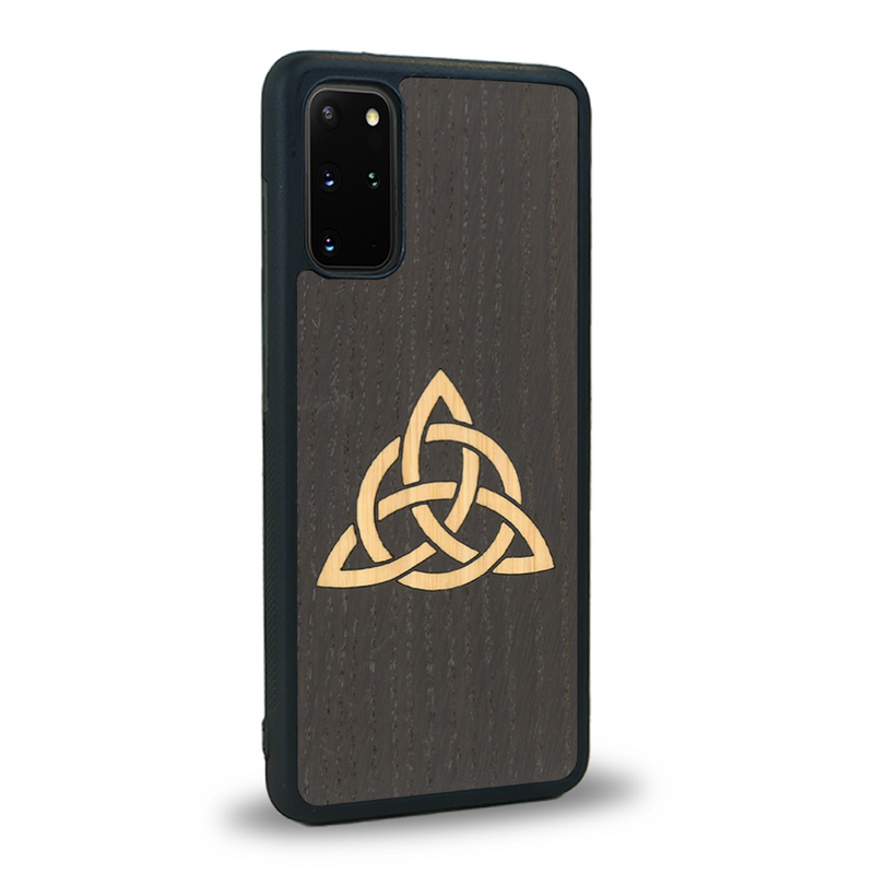 Coque de protection en bois véritable fabriquée en France pour Samsung S20 alliant du chêne fumé et du bambou représentant une triquetra