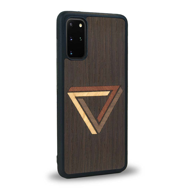 Coque de protection en bois véritable fabriquée en France pour Samsung S20 sur le thème de l'art géométrique qui allie du chêne fumé, du noyer, du bambou et du padouk représentant le triangle de penrose