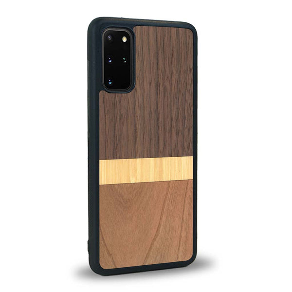 Coque de protection en bois véritable fabriquée en France pour Samsung S20 alliant des bandes horizontales de bambou, merisier et noyer