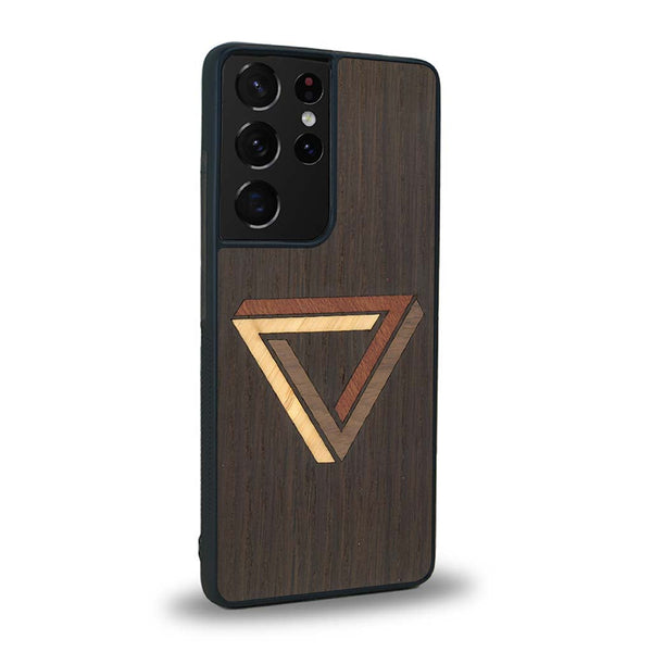 Coque de protection en bois véritable fabriquée en France pour Samsung S20 Ultra sur le thème de l'art géométrique qui allie du chêne fumé, du noyer, du bambou et du padouk représentant le triangle de penrose