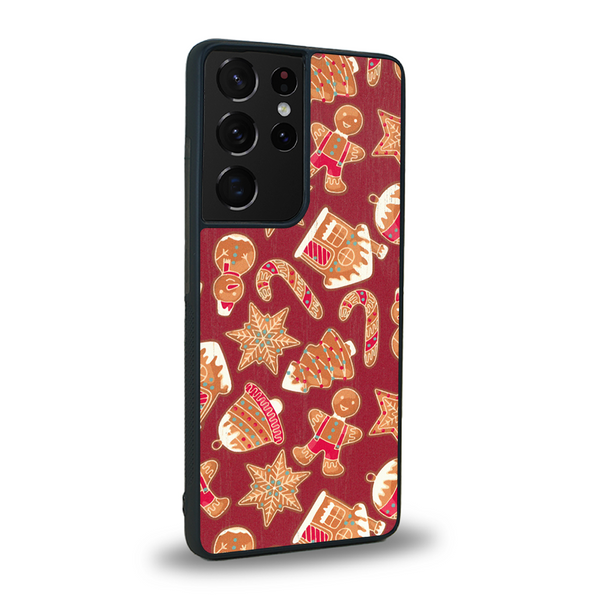 Coque de protection en bois véritable fabriquée en France pour Samsung S20 Ultra sur le thème de noël et de l'hiver avec un motif représentant un bonhomme de pain d'épice