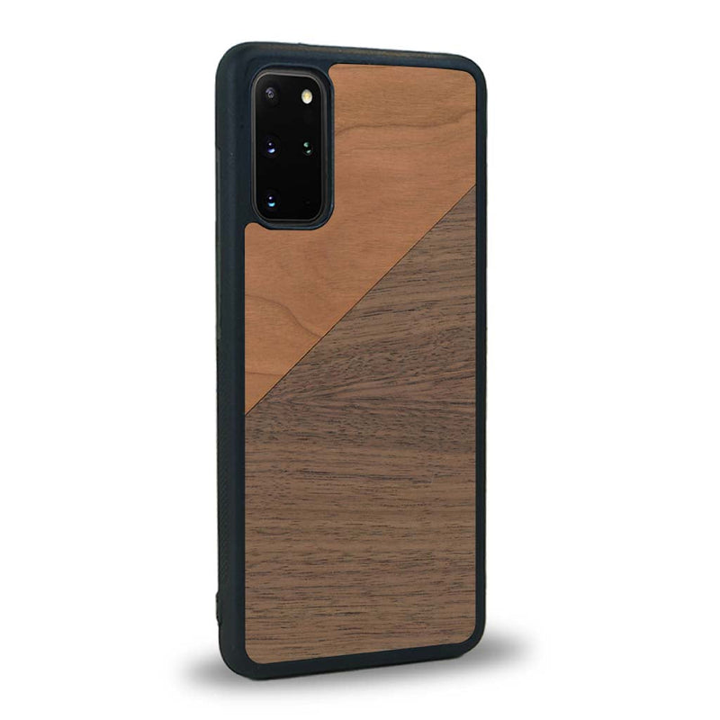 Coque de protection en bois véritable fabriquée en France pour Samsung S20FE alliant du merisier et du noyer formant chacun un triangle avec une jointure en diagonale sur le thème de l'art abstrait