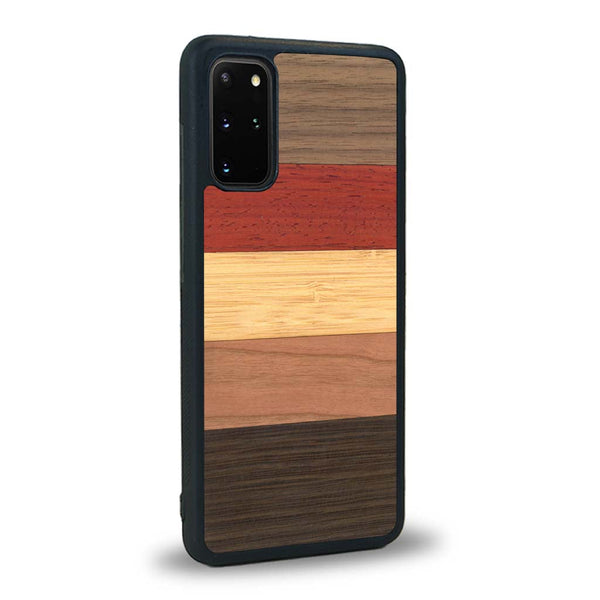 Coque de protection en bois véritable fabriquée en France pour Samsung S20+ alliant des bandes horizontales de bambou, merisier, padouk, noyer et chêne fumé