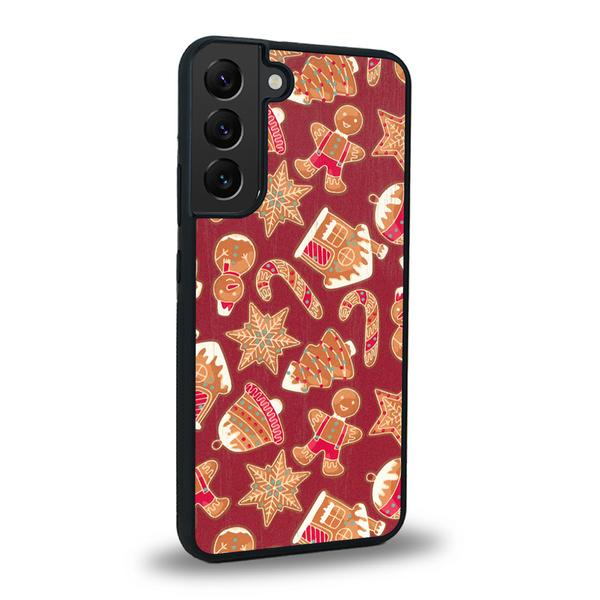 Coque de protection en bois véritable fabriquée en France pour Samsung S21 sur le thème de noël et de l'hiver avec un motif représentant un bonhomme de pain d'épice