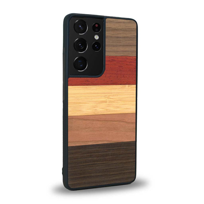 Coque de protection en bois véritable fabriquée en France pour Samsung S21 Ultra alliant des bandes horizontales de bambou, merisier, padouk, noyer et chêne fumé