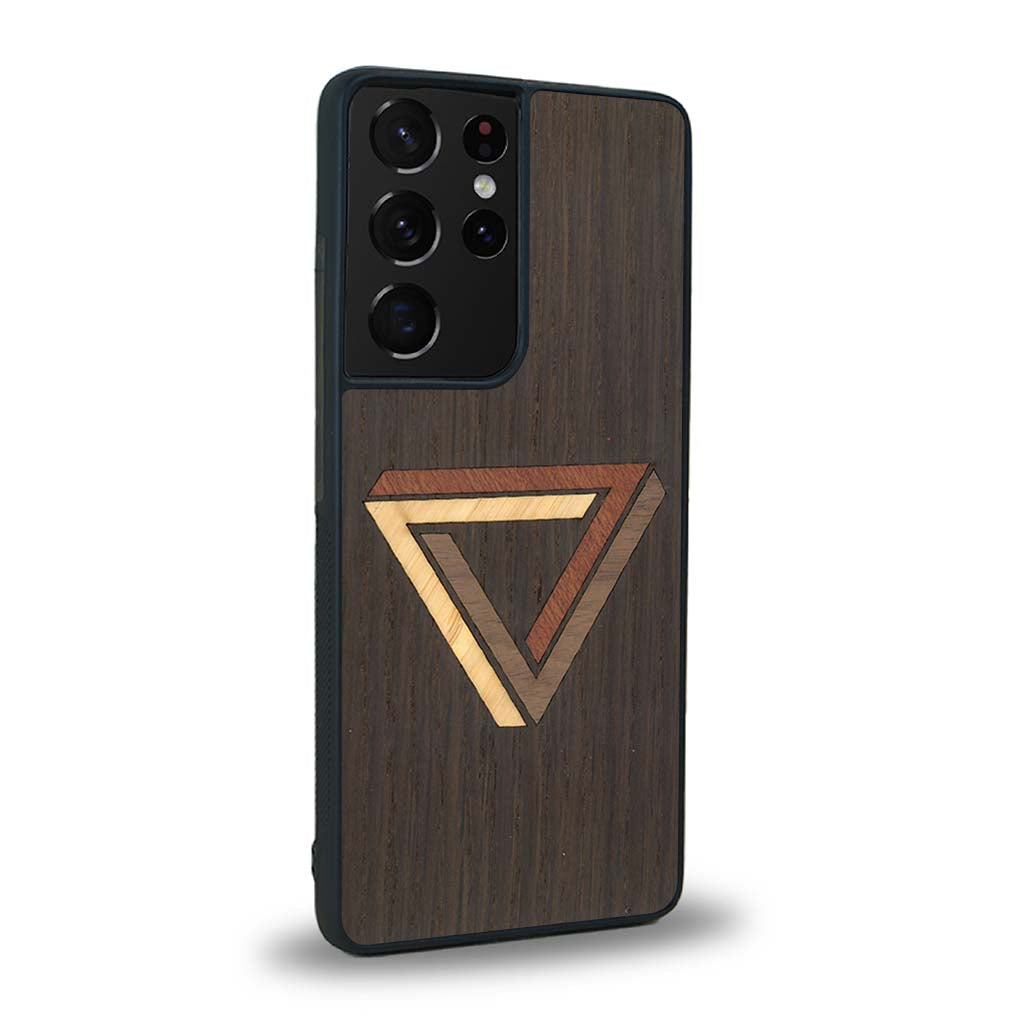 Coque de protection en bois véritable fabriquée en France pour Samsung S21 Ultra sur le thème de l'art géométrique qui allie du chêne fumé, du noyer, du bambou et du padouk représentant le triangle de penrose