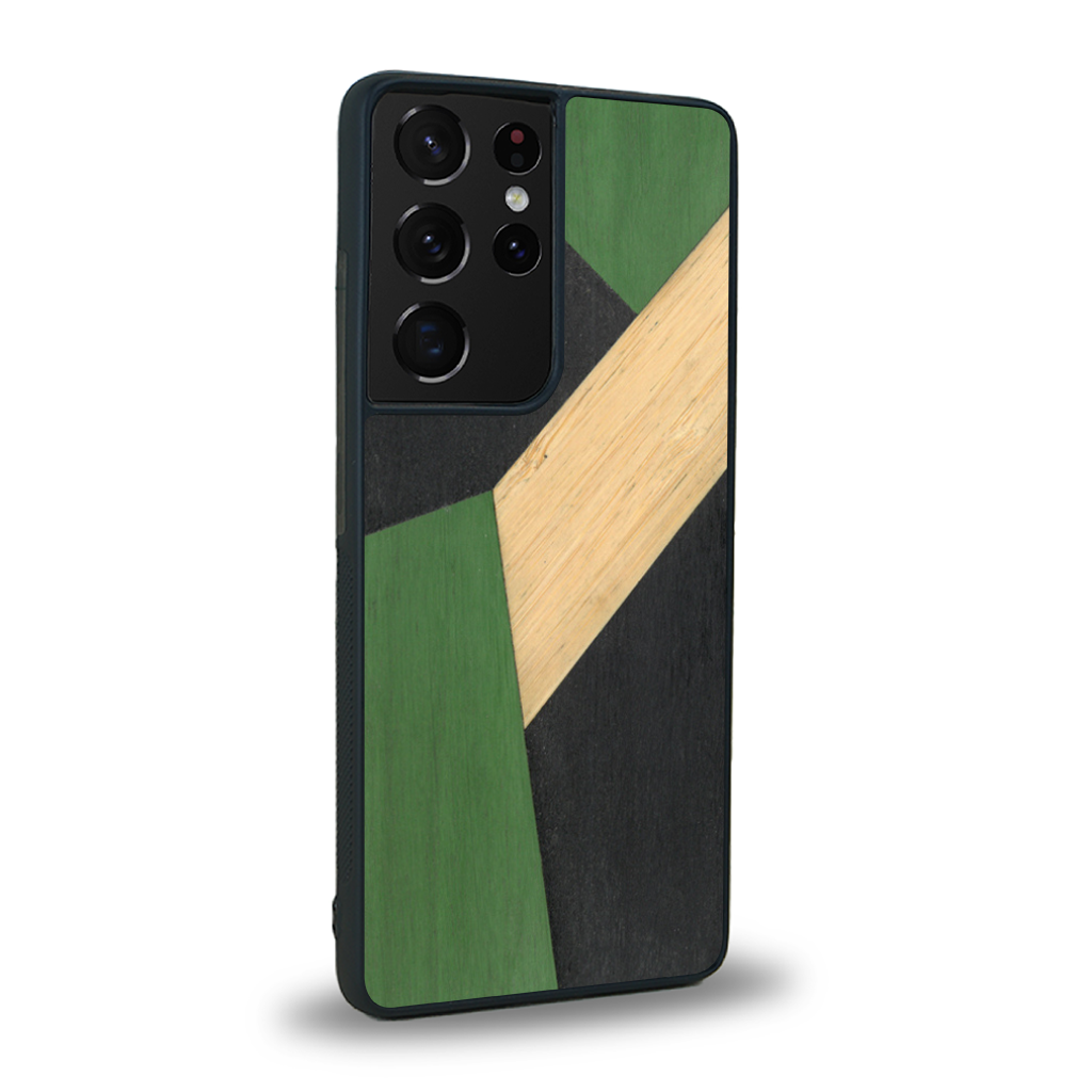 Coque de protection en bois véritable fabriquée en France pour Samsung S21 Ultra alliant du bambou, du tulipier vert et noir en forme de mosaïque minimaliste sur le thème de l'art abstrait