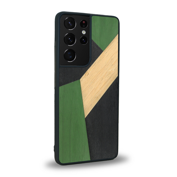 Coque de protection en bois véritable fabriquée en France pour Samsung S21 Ultra alliant du bambou, du tulipier vert et noir en forme de mosaïque minimaliste sur le thème de l'art abstrait
