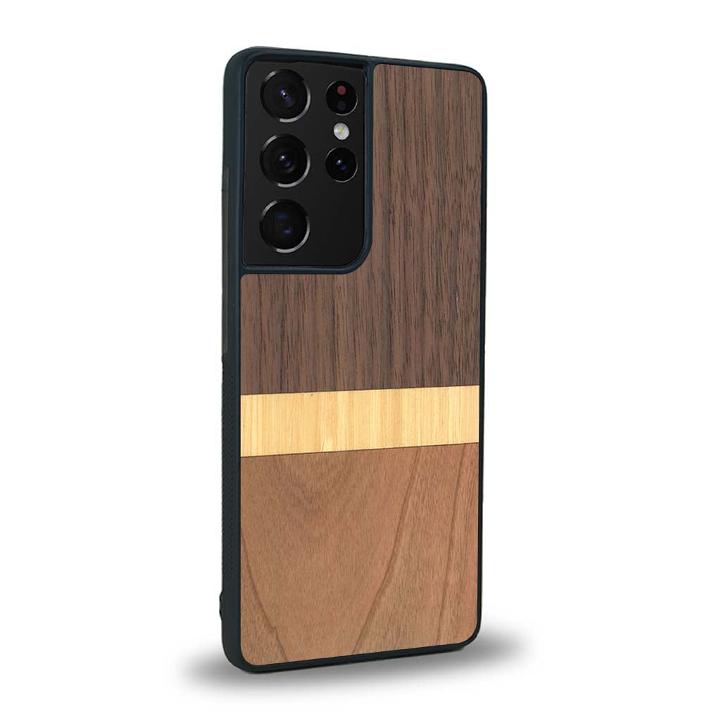 Coque de protection en bois véritable fabriquée en France pour Samsung S21 Ultra alliant des bandes horizontales de bambou, merisier et noyer