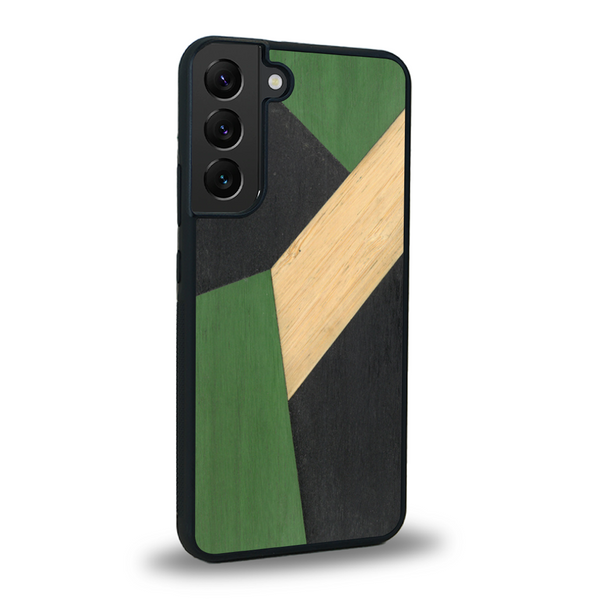 Coque de protection en bois véritable fabriquée en France pour Samsung S21FE alliant du bambou, du tulipier vert et noir en forme de mosaïque minimaliste sur le thème de l'art abstrait