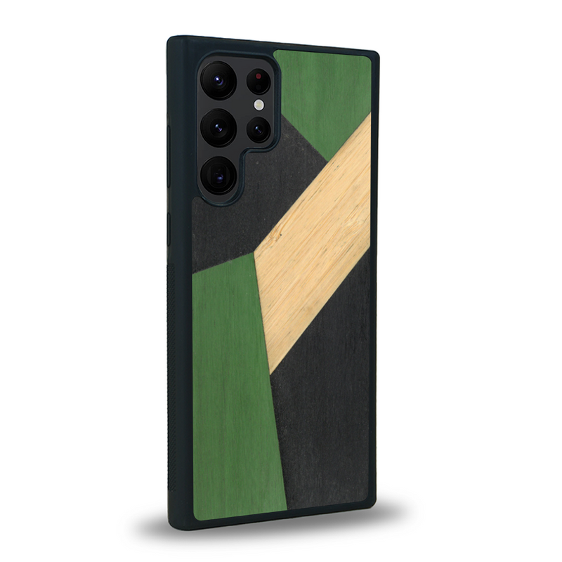 Coque de protection en bois véritable fabriquée en France pour Samsung S22 Ultra alliant du bambou, du tulipier vert et noir en forme de mosaïque minimaliste sur le thème de l'art abstrait