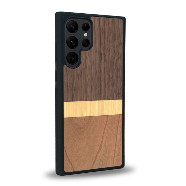 Coque de protection en bois véritable fabriquée en France pour Samsung S22 Ultra alliant des bandes horizontales de bambou, merisier et noyer