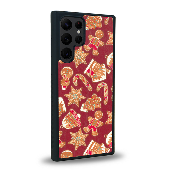 Coque de protection en bois véritable fabriquée en France pour Samsung S22 Ultra sur le thème de noël et de l'hiver avec un motif représentant un bonhomme de pain d'épice