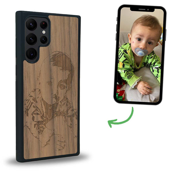 Coque de protection en bois véritable fabriquée en France pour Samsung S23 Ultra avec gravure personnalisée à partir d'une photo, d'une image, d'un logo, des initials ou d'une phrase