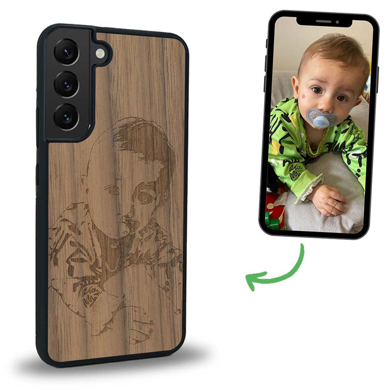 Coque de protection en bois véritable fabriquée en France pour Samsung S23FE avec gravure personnalisée à partir d'une photo, d'une image, d'un logo, des initials ou d'une phrase