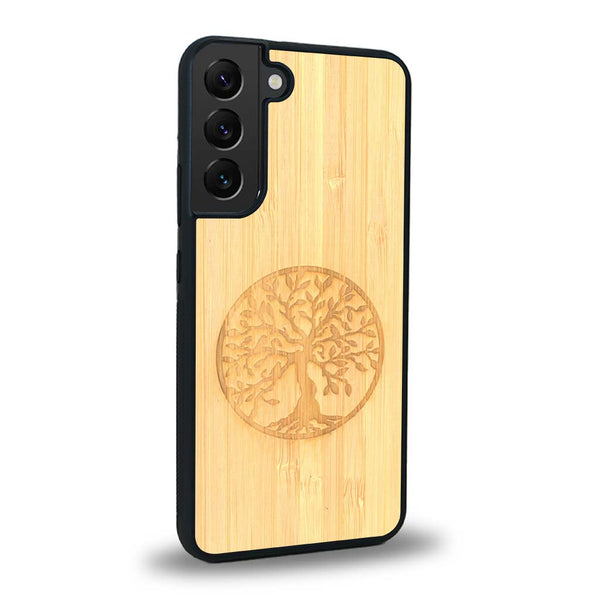 Coque de protection en bois véritable fabriquée en France pour Samsung S23+ sur le thème de la spiritualité et du yoga avec une gravure zen représentant un arbre de vie