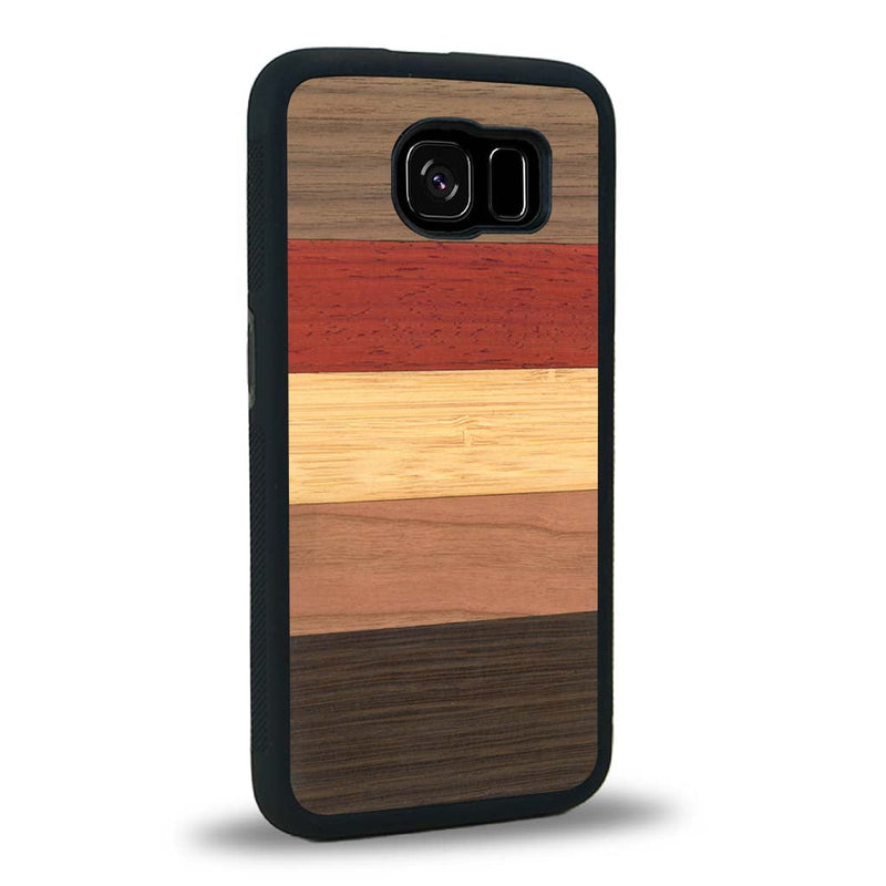 Coque de protection en bois véritable fabriquée en France pour Samsung S6 alliant des bandes horizontales de bambou, merisier, padouk, noyer et chêne fumé