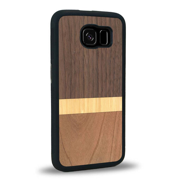 Coque de protection en bois véritable fabriquée en France pour Samsung S6 alliant des bandes horizontales de bambou, merisier et noyer