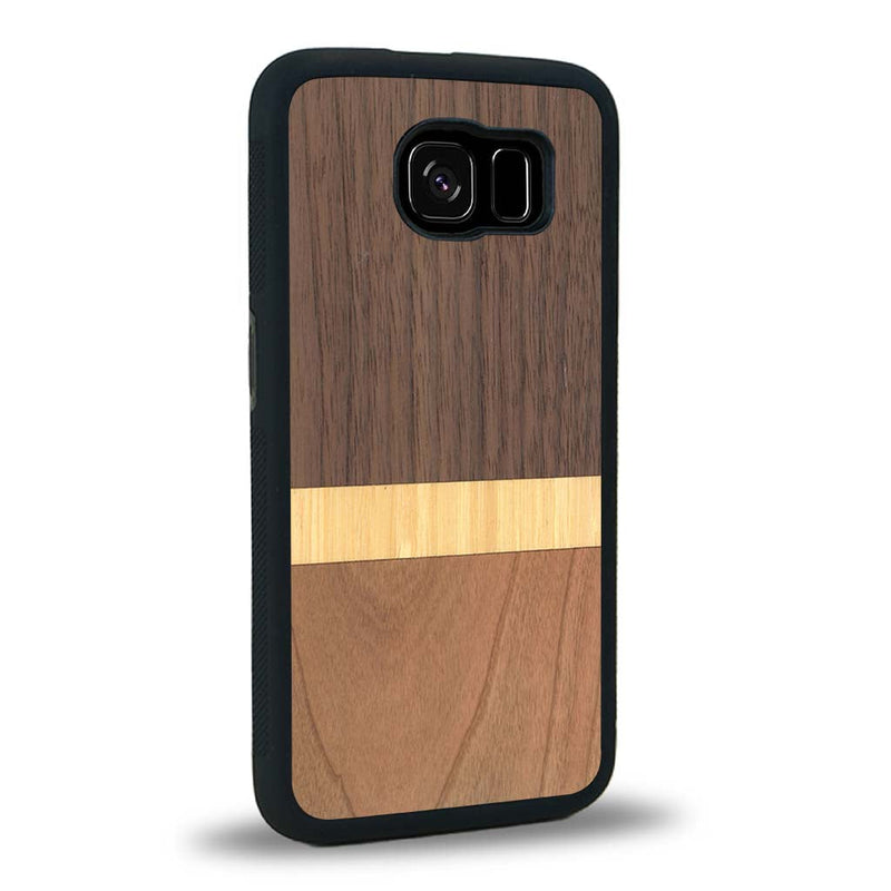 Coque de protection en bois véritable fabriquée en France pour Samsung S7 alliant des bandes horizontales de bambou, merisier et noyer