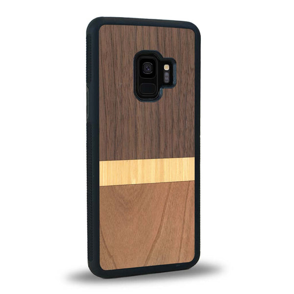 Coque de protection en bois véritable fabriquée en France pour Samsung S9 alliant des bandes horizontales de bambou, merisier et noyer