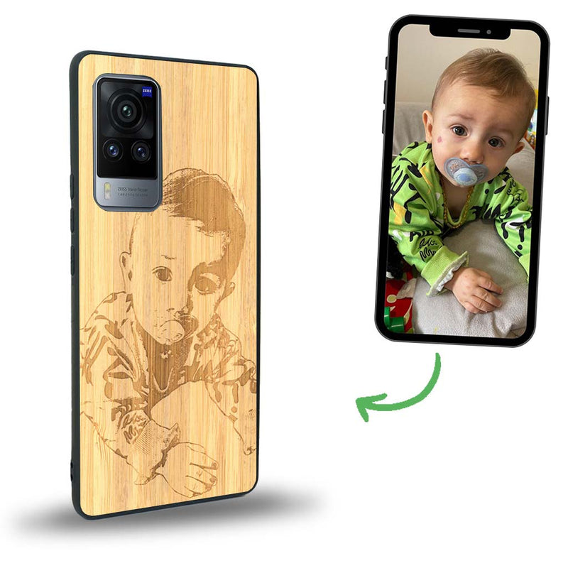 Coque de protection en bois véritable fabriquée en France pour Vivo X60 avec gravure personnalisée à partir d'une photo, d'une image, d'un logo, des initials ou d'une phrase