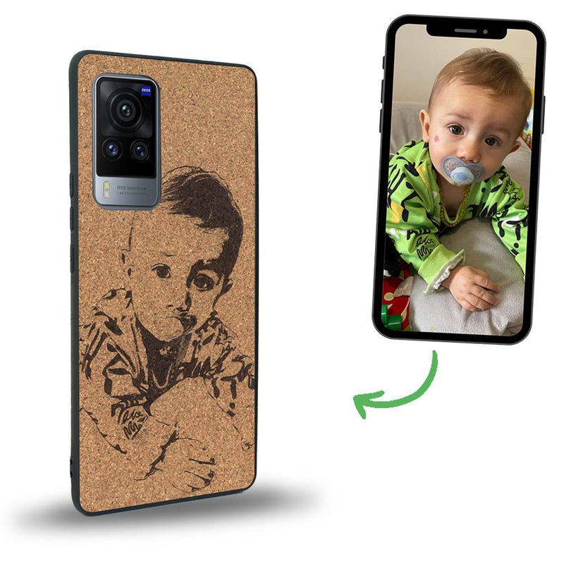 Coque de protection en bois véritable fabriquée en France pour Vivo X60 avec gravure personnalisée à partir d'une photo, d'une image, d'un logo, des initials ou d'une phrase