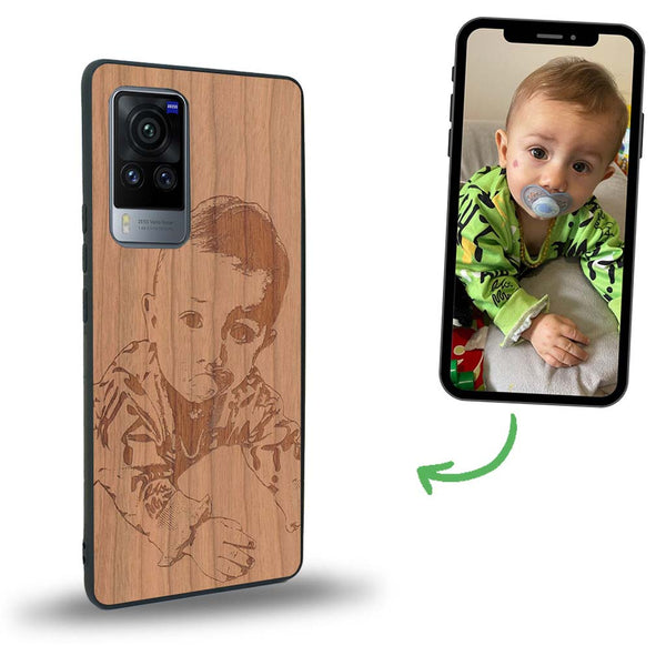 Coque de protection en bois véritable fabriquée en France pour Vivo X60 avec gravure personnalisée à partir d'une photo, d'une image, d'un logo, des initials ou d'une phrase