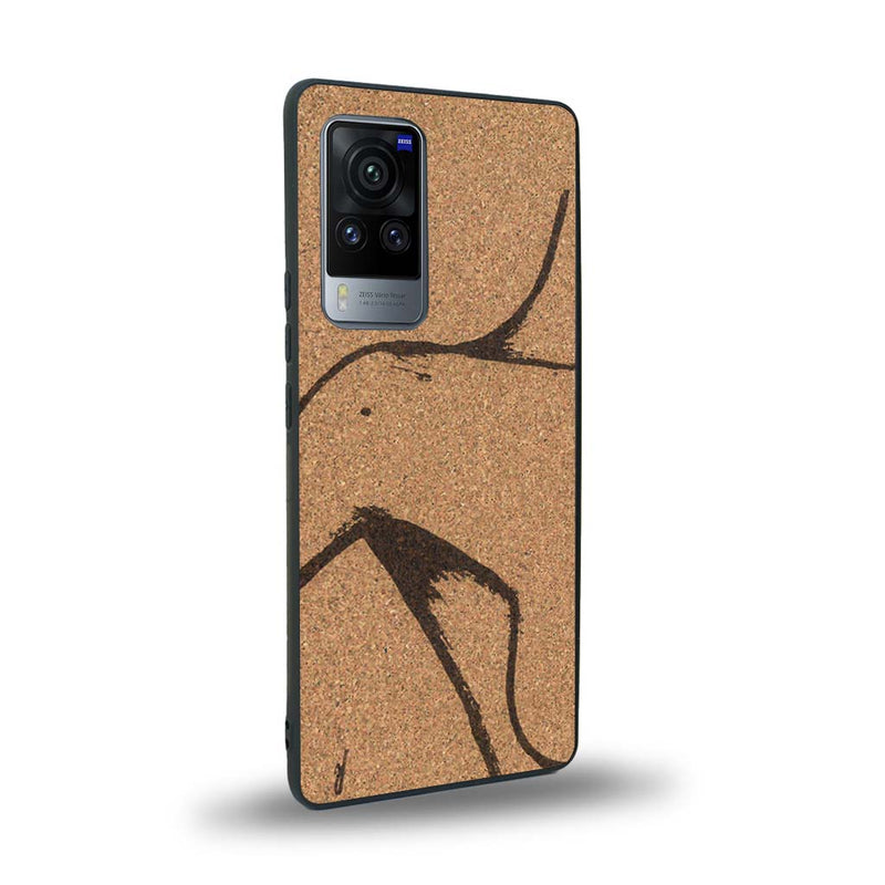 Coque de protection en bois véritable fabriquée en France pour Vivo X60 représentant une silhouette féminine dessinée à la main par l'artiste Maud Dabs