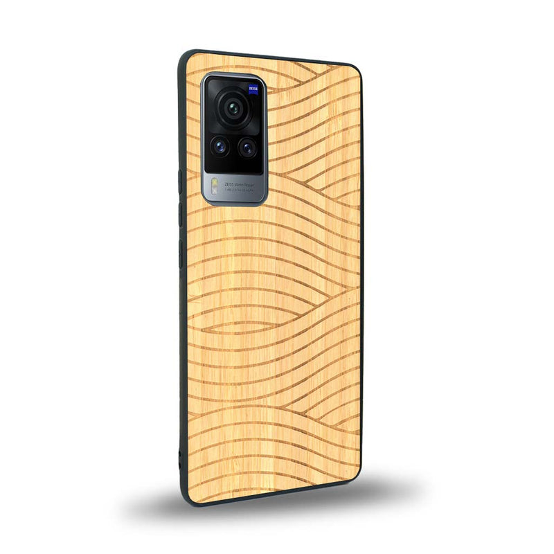 Coque de protection en bois véritable fabriquée en France pour Vivo X60 avec un motif moderne et minimaliste sur le thème waves et wavy représentant les vagues de l'océan