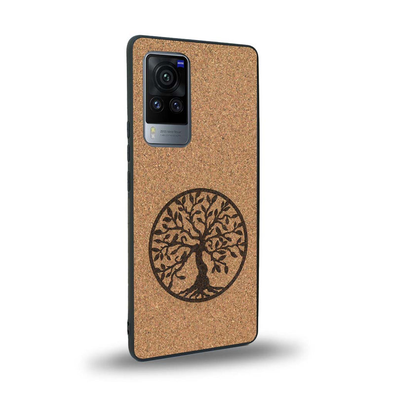Coque de protection en bois véritable fabriquée en France pour Vivo X60 sur le thème de la spiritualité et du yoga avec une gravure zen représentant un arbre de vie