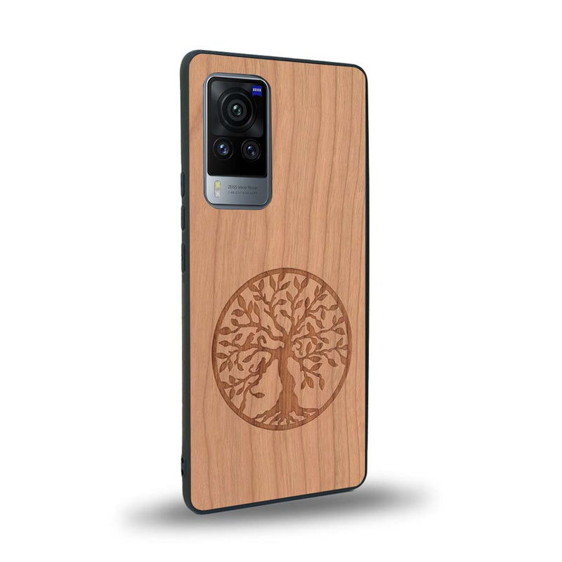 Coque de protection en bois véritable fabriquée en France pour Vivo X60 sur le thème de la spiritualité et du yoga avec une gravure zen représentant un arbre de vie