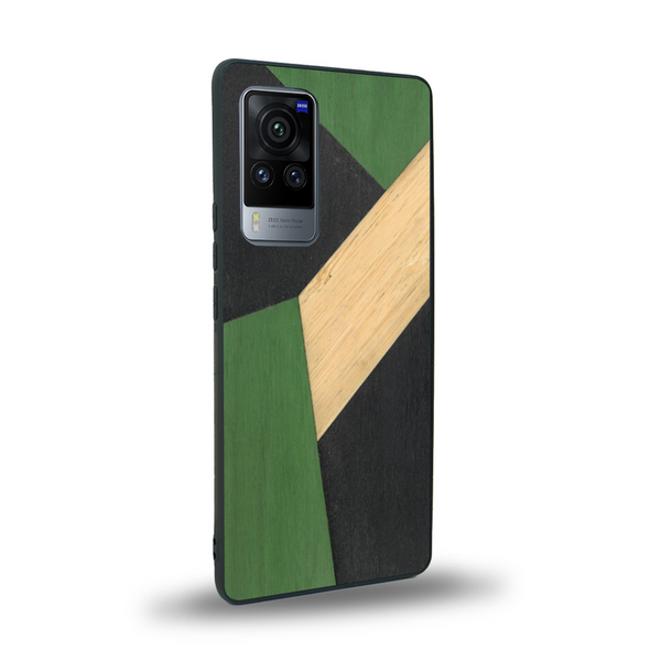 Coque de protection en bois véritable fabriquée en France pour Vivo X60 alliant du bambou, du tulipier vert et noir en forme de mosaïque minimaliste sur le thème de l'art abstrait