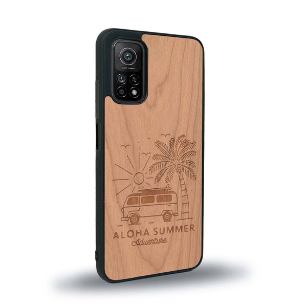 Coque de protection en bois véritable fabriquée en France pour Xiaomi Mi 10 Lite sur le thème de la plage, de l'été et vanlife.