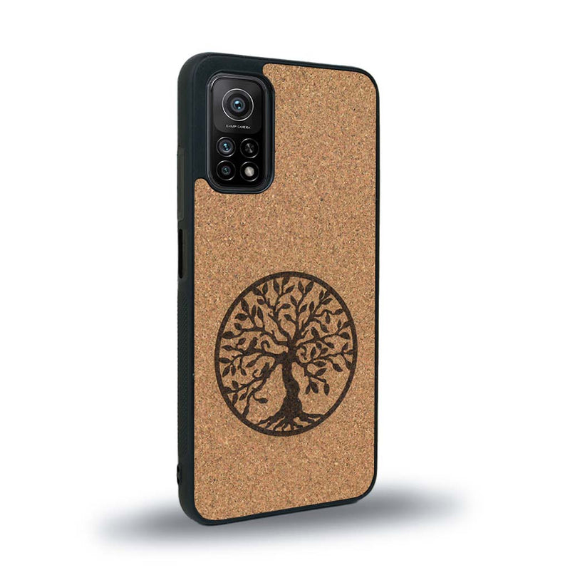 Coque de protection en bois véritable fabriquée en France pour Xiaomi Mi 10 Lite sur le thème de la spiritualité et du yoga avec une gravure zen représentant un arbre de vie