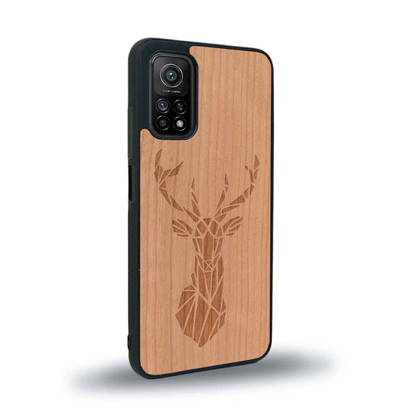 Coque de protection en bois véritable fabriquée en France pour Xiaomi Mi 10 Lite sur le thème de la nature et des animaux représentant une tête de cerf gométrique avec un design moderne et minimaliste