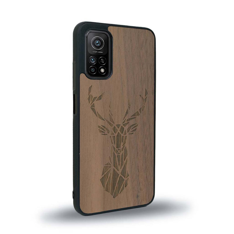 Coque de protection en bois véritable fabriquée en France pour Xiaomi Mi 10 Lite sur le thème de la nature et des animaux représentant une tête de cerf gométrique avec un design moderne et minimaliste