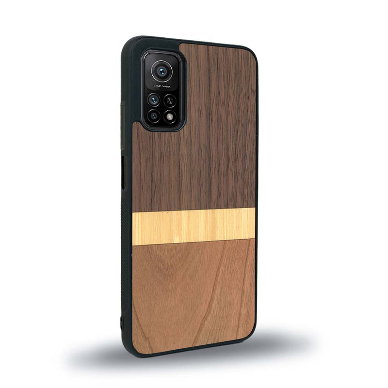 Coque de protection en bois véritable fabriquée en France pour Xiaomi Mi 10 Lite alliant des bandes horizontales de bambou, merisier et noyer