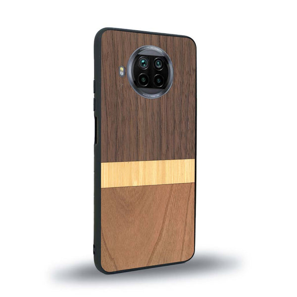 Coque de protection en bois véritable fabriquée en France pour Xiaomi Mi 10T Lite alliant des bandes horizontales de bambou, merisier et noyer