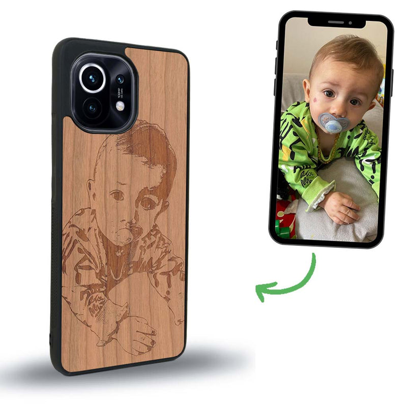 Coque de protection en bois véritable fabriquée en France pour Xiaomi Mi 11 avec gravure personnalisée à partir d'une photo, d'une image, d'un logo, des initials ou d'une phrase